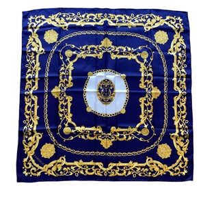 FABERGE Large Silk Scarf 32”x32” Navy Blue Gold Square Baroque Print